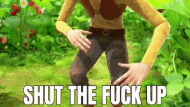a cartoon character is standing in the grass with the words `` shut the fuck up '' written on the screen .