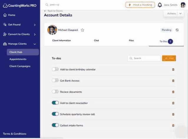 a screenshot of a countingworks pro dashboard showing a person 's account details .