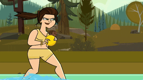 a cartoon character is standing in the water holding a ball