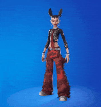 a cartoon character with a blue background and pink feathers coming out of it