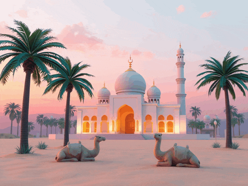 two camels are laying in front of a white mosque