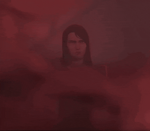 a woman with long black hair is holding a sword in a dark room