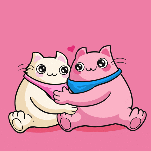 two cartoon cats hugging each other with hearts behind them