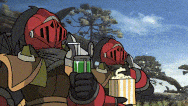 a cartoon of a knight holding a drink and popcorn
