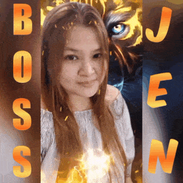 a woman is standing in front of a tiger with the letters bosn j and n behind her