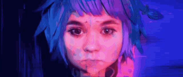 a close up of a person 's face with purple hair and a purple background .