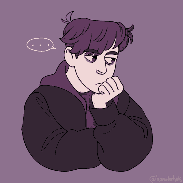 a drawing of a boy with purple hair and a hamsterhats logo on the bottom