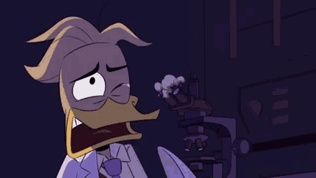 a cartoon duck is looking through a microscope in a lab coat and tie .