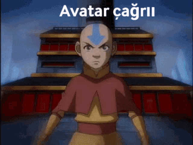 avatar aang from avatar the last airbender is standing in front of a building in a cartoon .