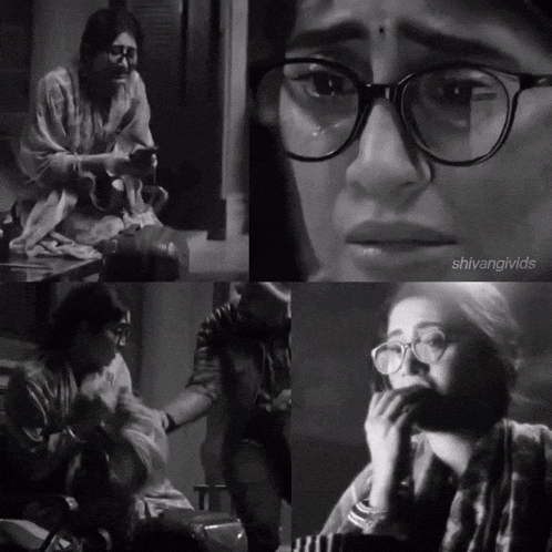 a black and white photo of a woman wearing glasses with shivangvids written on the bottom
