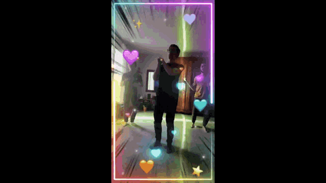 a person is standing in front of a glowing heart surrounded by other hearts