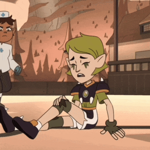 a cartoon character with green hair is sitting on the ground with her knee in pain