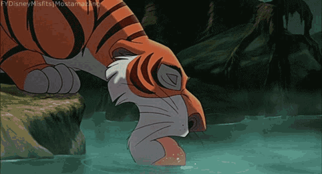 a cartoon of a tiger drinking from a body of water with disney misfits most amazing written on the bottom