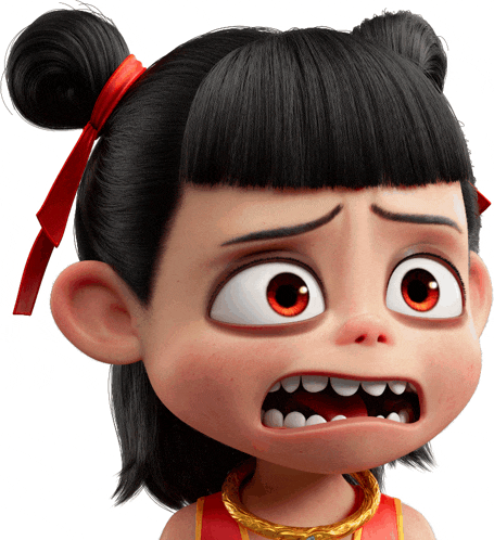 a cartoon character with a red ribbon in her hair making a surprised face
