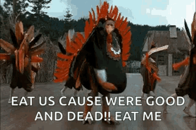 a group of people dressed as turkeys are dancing in a field .