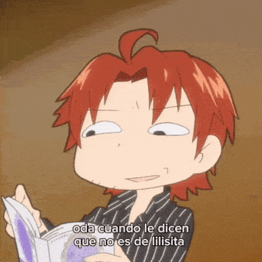 a cartoon character with red hair says " oda cuando le dicen que no es de lilisita " while holding a book