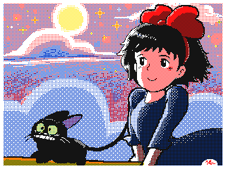 a pixel art illustration of a girl and a black cat