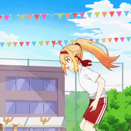 a girl in a white shirt and red shorts is running in front of a building