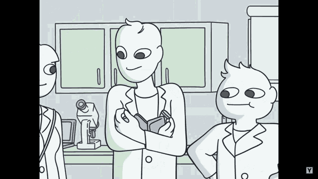 a cartoon of three scientists in a lab with a microscope