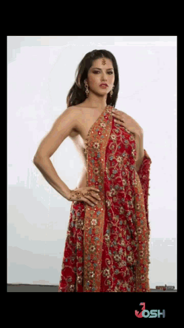 a woman in a red and gold dress is standing with her hands on her hips in front of a white background