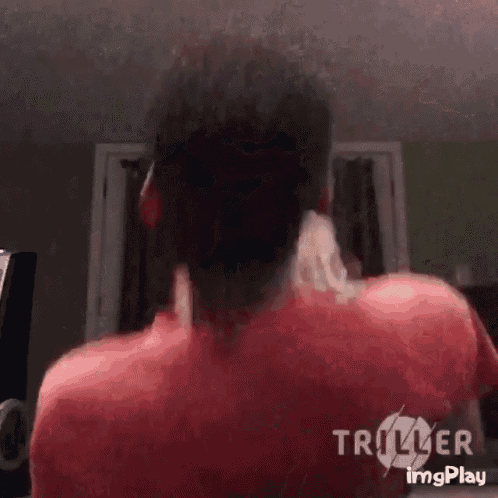 a man in a red shirt is playing a video game on a computer .
