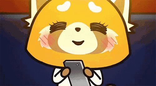 a cartoon character is holding a cell phone in her hands and smiling .
