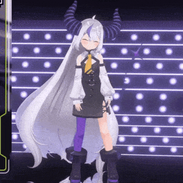 a girl with long white hair and horns is standing in front of a wall of lights