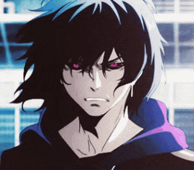 a close up of a person with red eyes and black hair