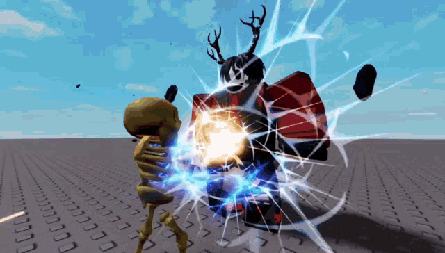 a computer generated image of a skeleton being punched by a monster