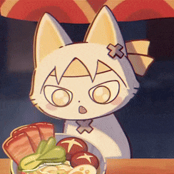 a cat with a bow on its head is looking at a bowl of food on a table