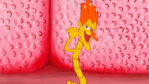 a cartoon character is standing in front of a pink surface