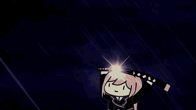 a cartoon of a girl holding a sword with a cloudy sky in the background