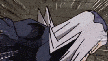 a close up of a cartoon character 's face with a white mask on .