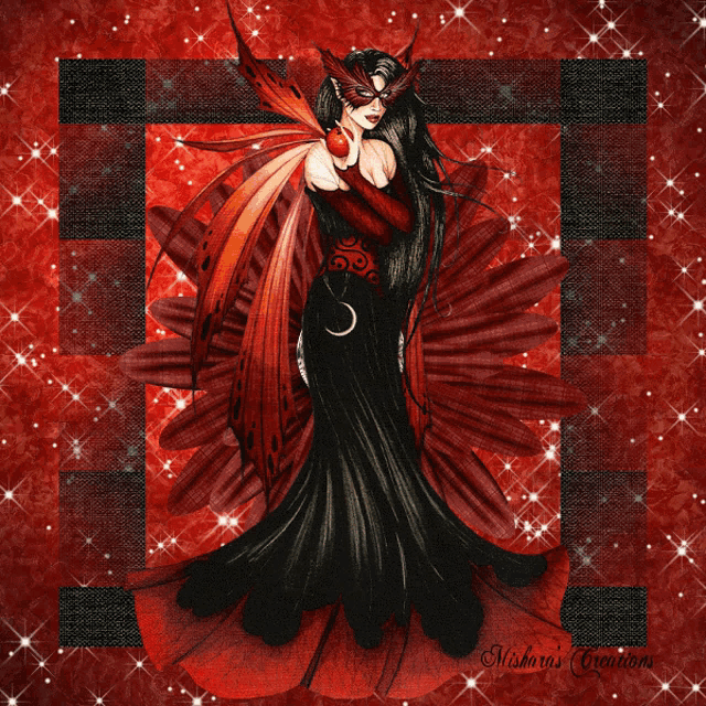 a woman in a black dress with red wings is surrounded by red sparkles and the words nishara 's creations