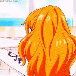 a cartoon of a woman with long orange hair and the words fist-of-love on the bottom