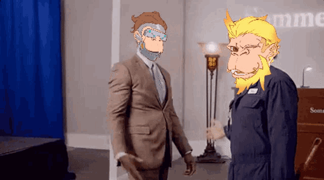 a man in a suit and tie is standing next to a man with a monkey on his face