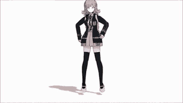 a girl in a school uniform is dancing with her arms in the air on a white background .
