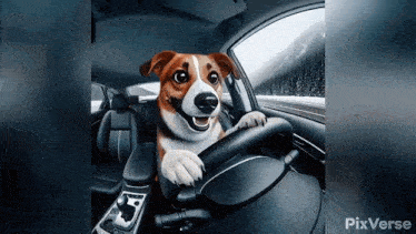a dog is sitting in the driver 's seat of a car and smiling .