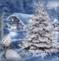 a snowy christmas scene with a christmas tree in the foreground and a house in the background .