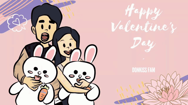 a happy valentine 's day card with a family holding stuffed bunny rabbits