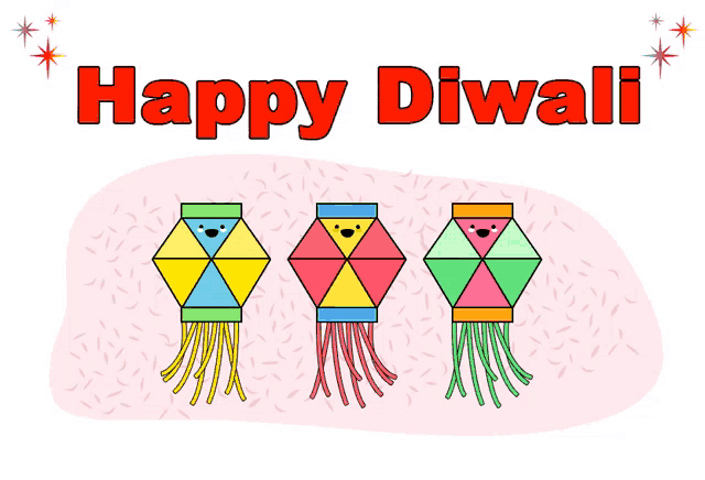 a happy diwali greeting card with colorful lanterns on a pink background