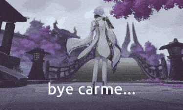 a video game character is standing in front of a bridge with the words bye carme