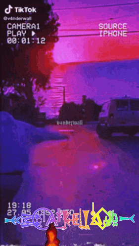 a tiktok video of a person walking down a street with a purple background