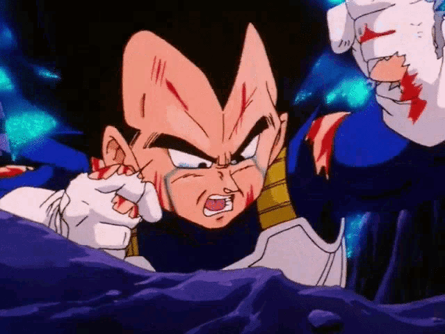 a cartoon character with blood on his face and a sword in his hand