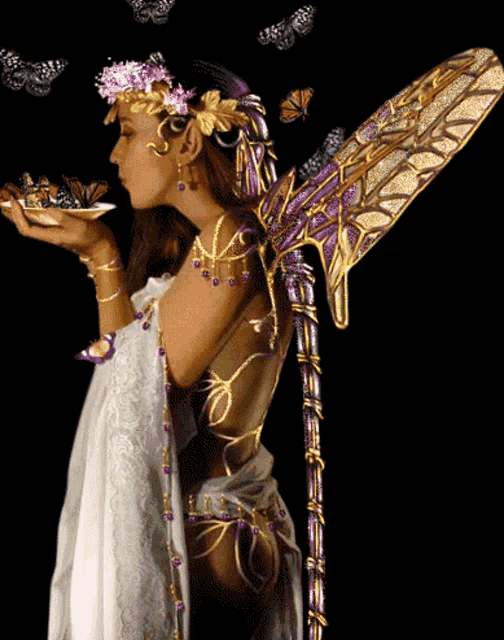 a woman in a fairy costume holds a plate of butterflies in her hand