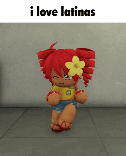 a stuffed doll with red hair and a yellow flower in her hair is dancing with the words i love latinas above her