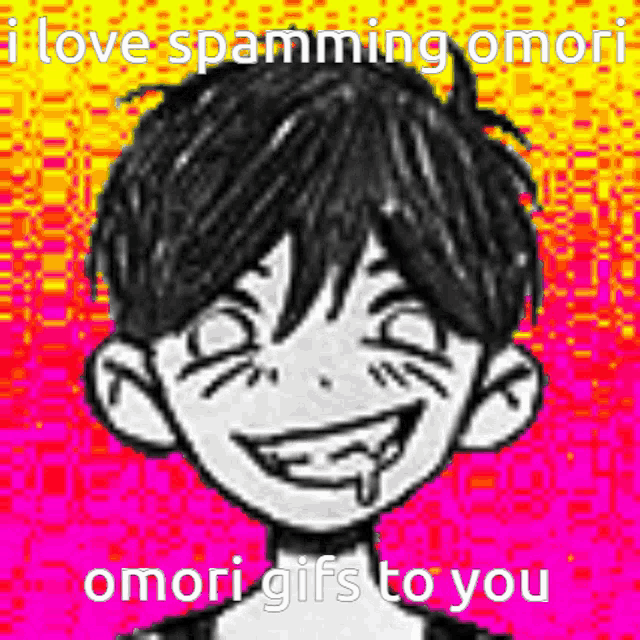 a black and white drawing of a boy with a smiley face and the words i love spamming omori