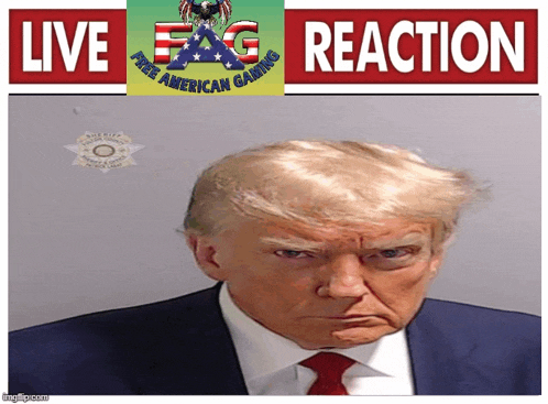 a picture of donald trump in a suit and tie with a sign that says live fag reaction