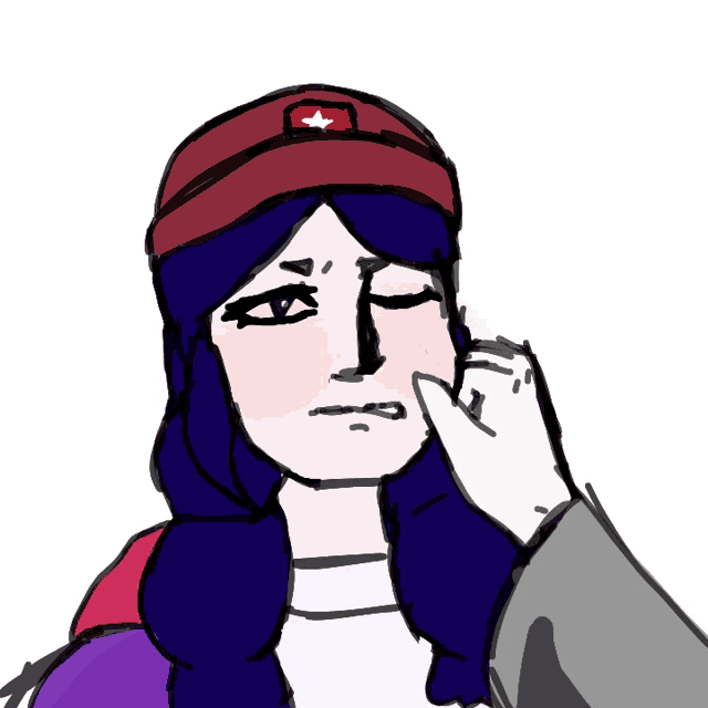 a drawing of a woman with purple hair and a red hat with a white star on it