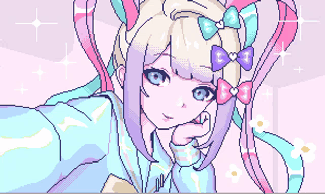 a pixel art drawing of a girl with a t on her head